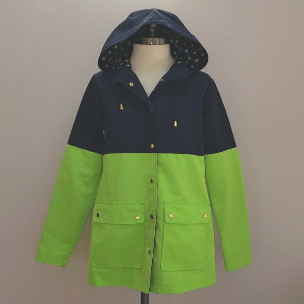 Crown & Ivy Navy Blue and Lime Green Colorblocked Rain Jacket, Size XS